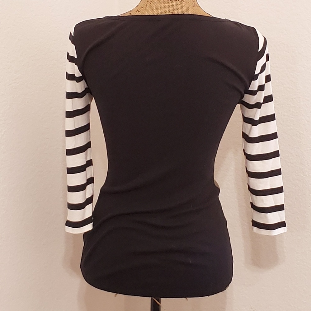 EXPRESS Striped sleeve khaki green top star studded detail on front Small Casual - Picture 3 of 8